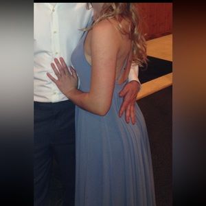 Dusty blue Lulus halter bridesmaid dress maxi